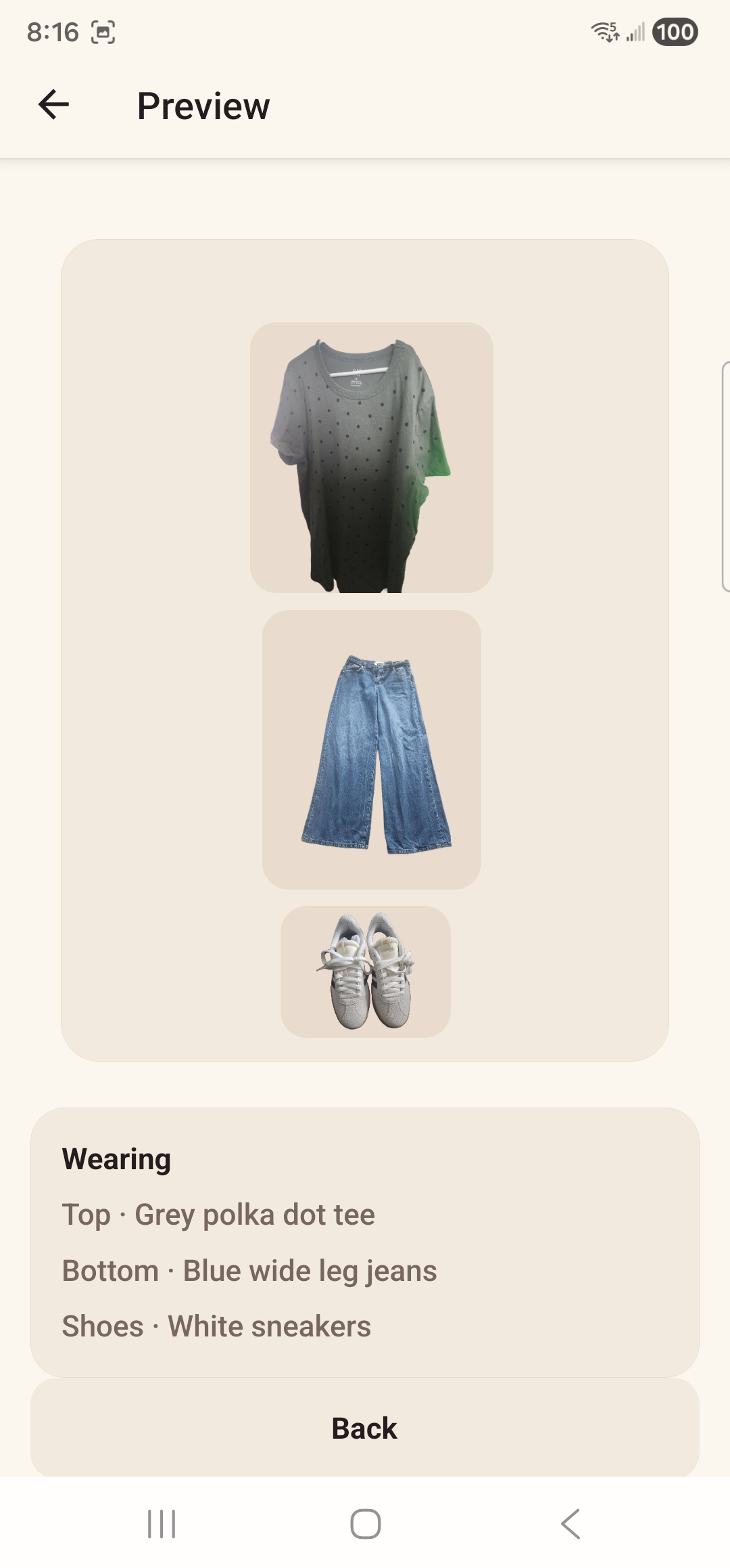 An outfit laid out in body order using the wearer's own photographs