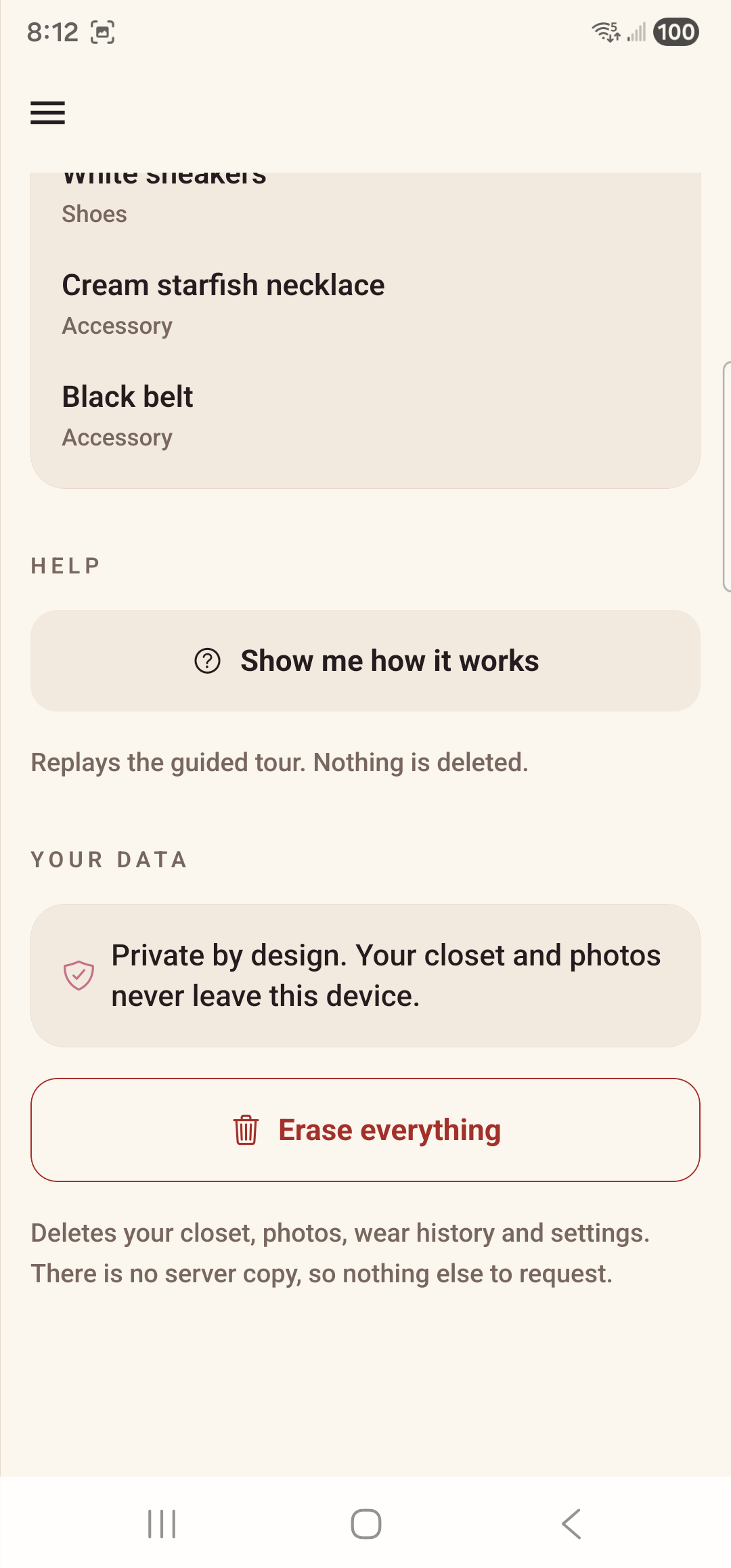 Settings showing the private-by-design notice and erase-everything button